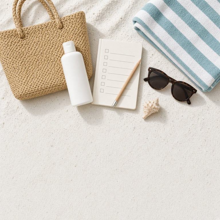 Flat-lay on white sand with a straw beach bag, a notebook with a blank checklist, sunglasses and a towel