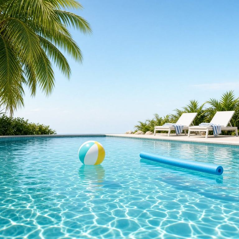 Sunny pool with a beach ball, a pool noodle and two empty loungers under palm fronds